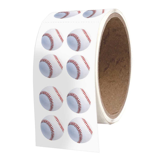 Roll of baseball-themed stickers with red-stitched baseball icons, white backing