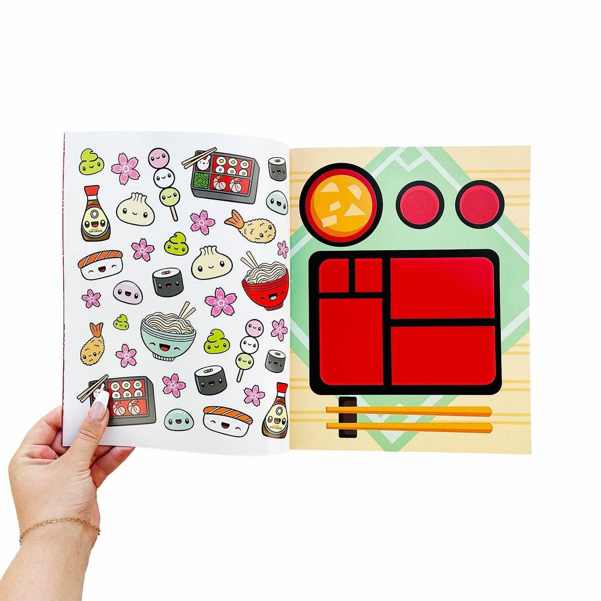 Food sticker book page with illustrated food characters and a red drawing palette guide