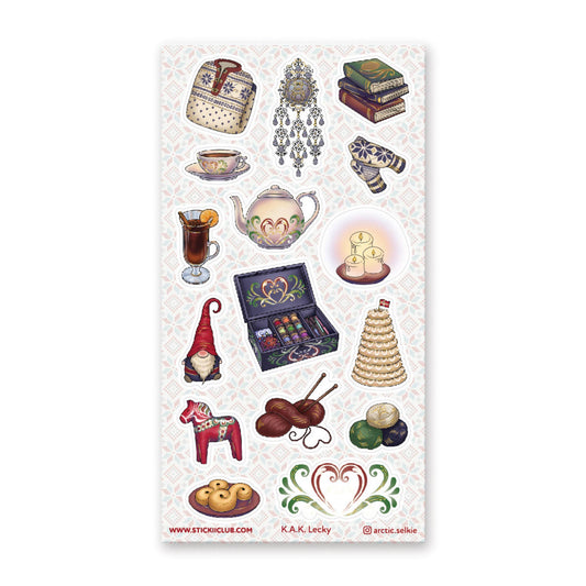 Nordic winter sticker sheet with teapot, gnome, cookies, candles, and ornaments