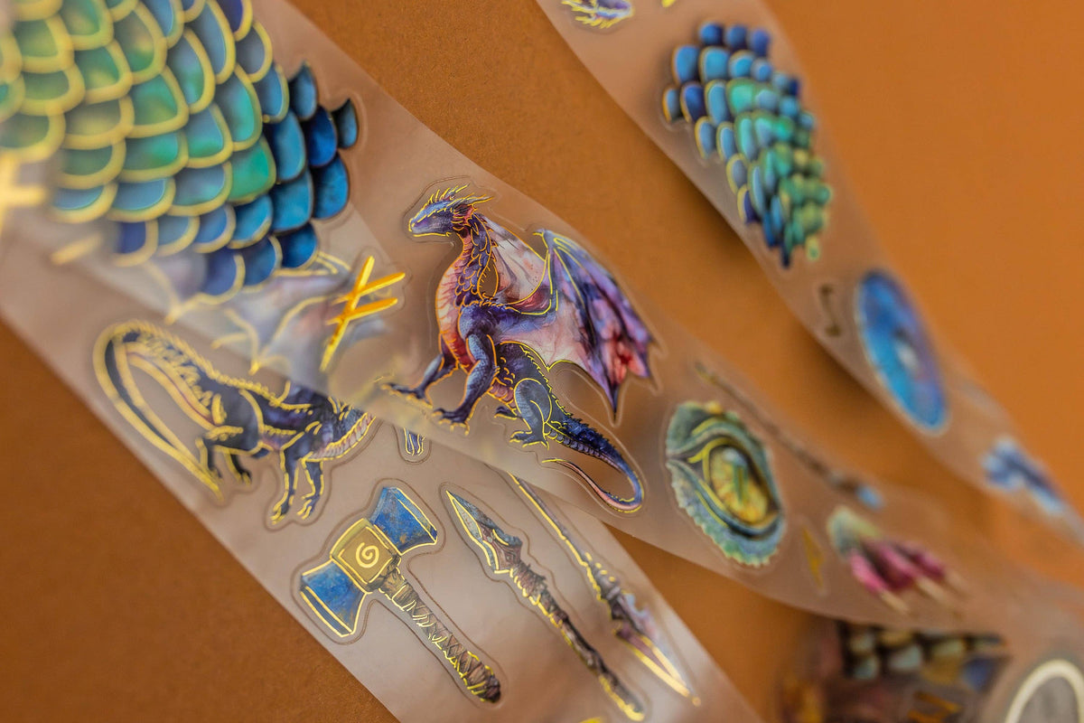 Dragon-themed transparent tape with holographic dragon and rune stickers