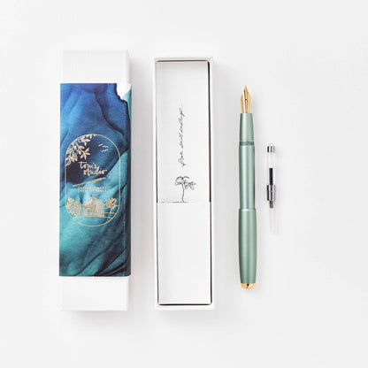 Sage green fountain pen with gold nib, gift box set with spare cartridge