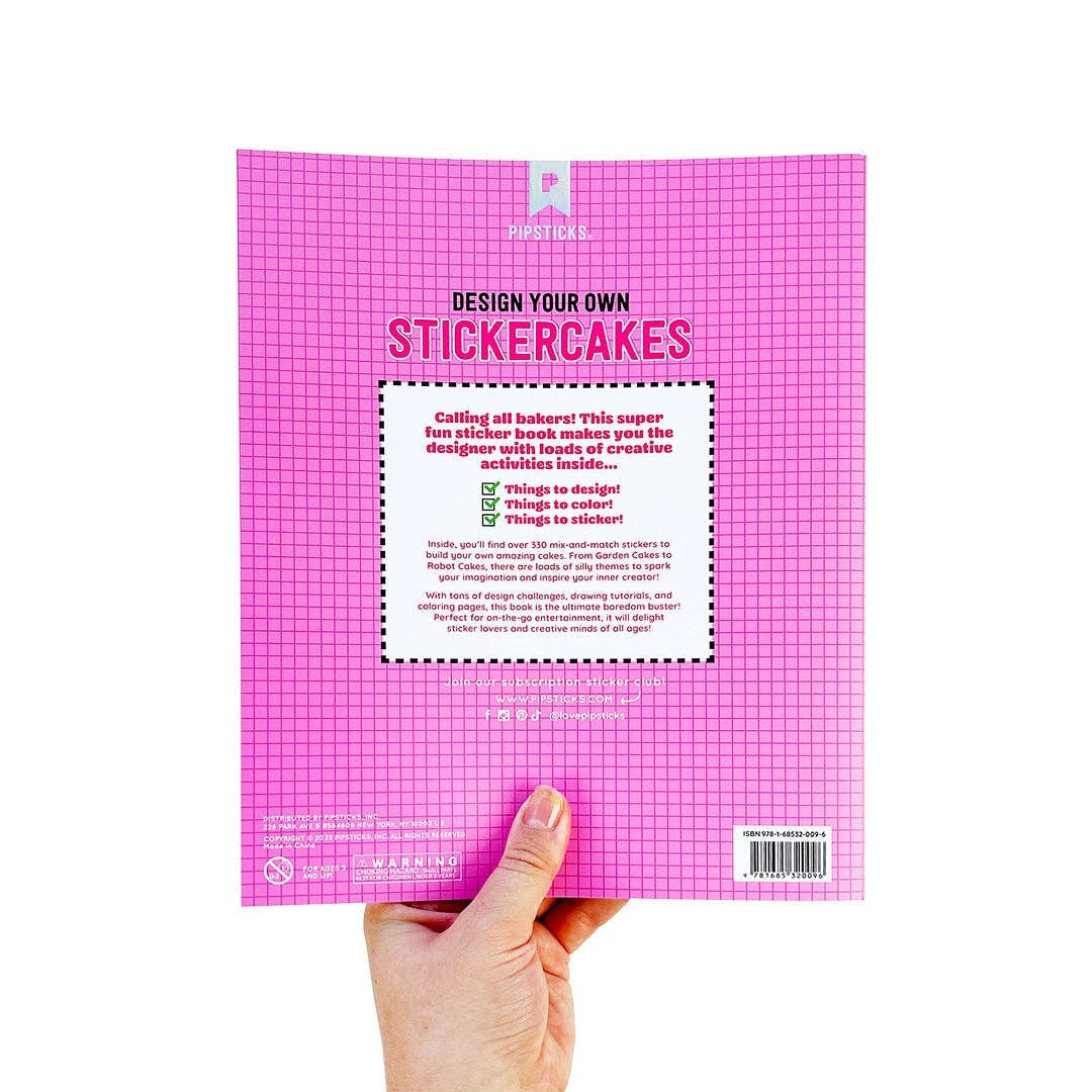 Sticker activity book back cover with pink grid, info panel, and barcode