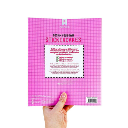 Sticker activity book back cover with pink grid, info panel, and barcode