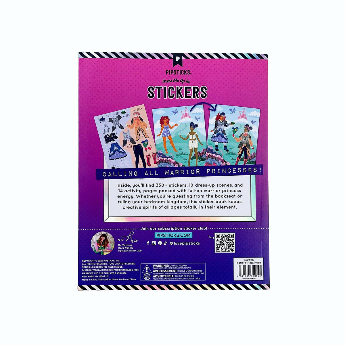 Purple and pink sticker book back cover with “Picksticks” logo and dress-up text