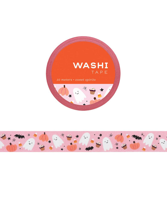 Roll of washi tape with cute ghost, pumpkin, and bat Halloween design