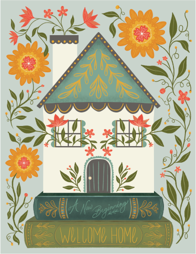 Folk-art greeting card design with a flower-covered cottage and welcome home message