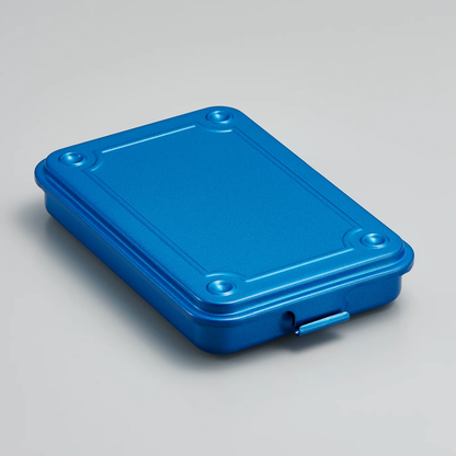 Toyo steel stackable storage box in blue, with a raised lid and front latch