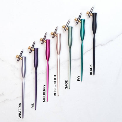 Flourish calligraphy pen set in multiple colors, with gold nibs and black detailing