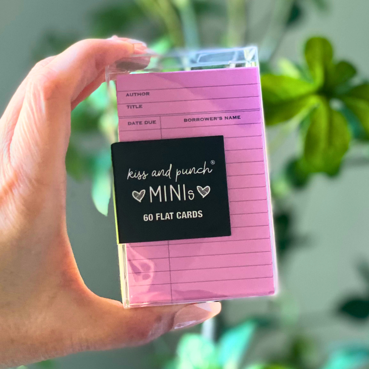 Set of 60 pink flat notecards with library card lines, packaged in a clear sleeve