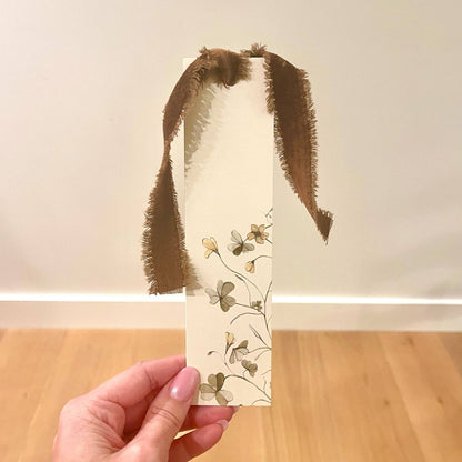 Botanical bookmark card with brown velvet ribbon