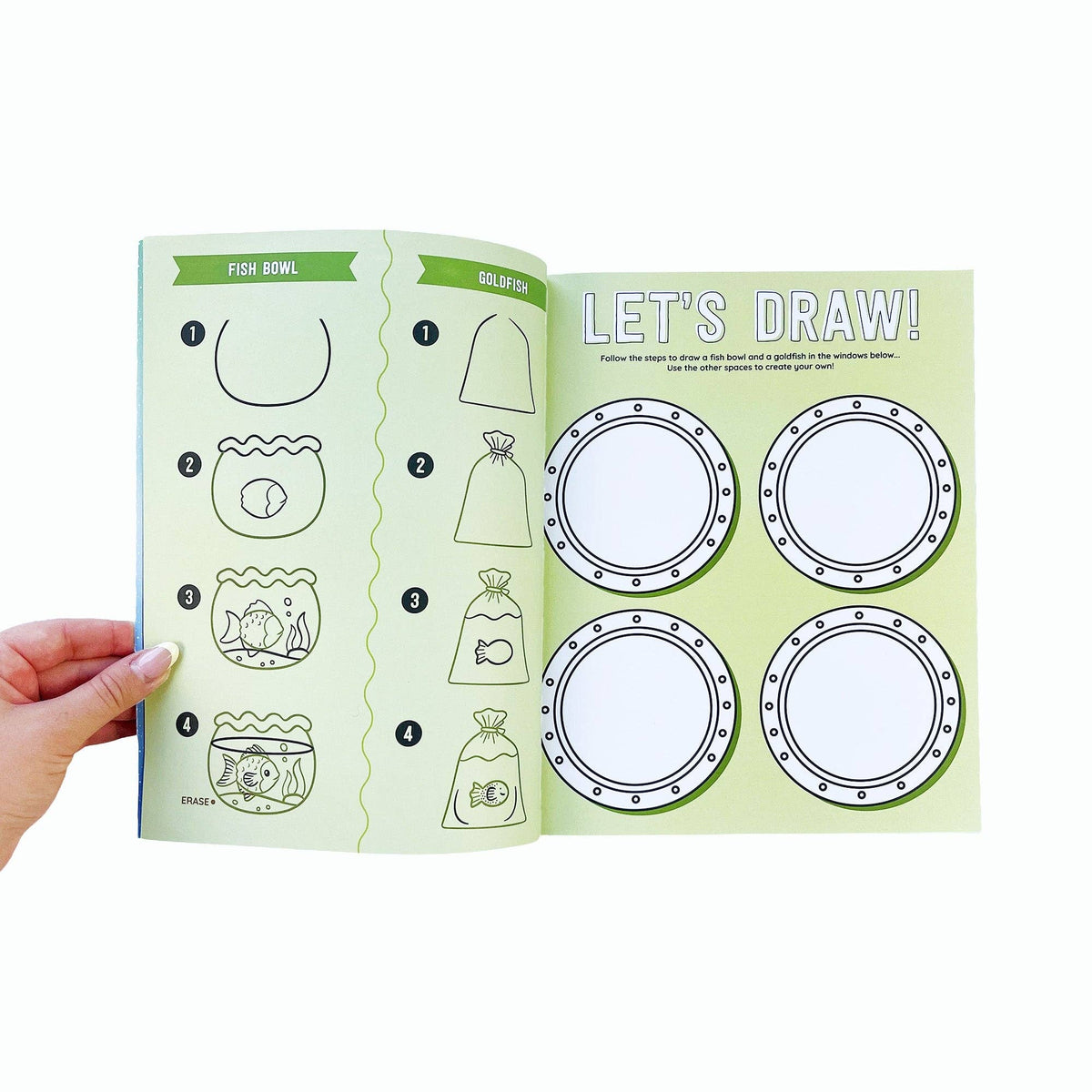 Sea life sticker book open to “Let’s Draw!” page with fish bowl outline circles