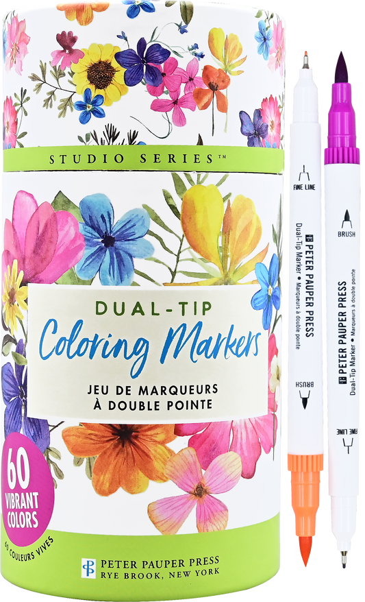 Dual-tip coloring marker set, 60-pack with floral canister and label