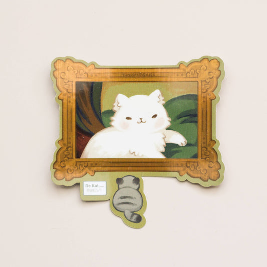 Holographic vinyl sticker set with a framed white cat and a gray mouse charm