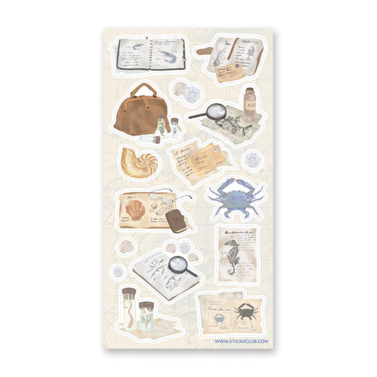 Ocean-themed sticker sheet with sea creatures, maps, shells, and notes—assorted shapes