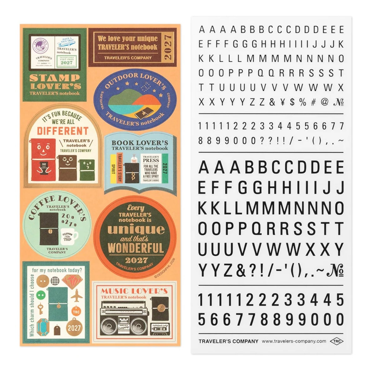 Two-part sticker sheets: themed badge designs on the left and letter/number stickers on the right