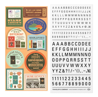 Two-part sticker sheets: themed badge designs on the left and letter/number stickers on the right