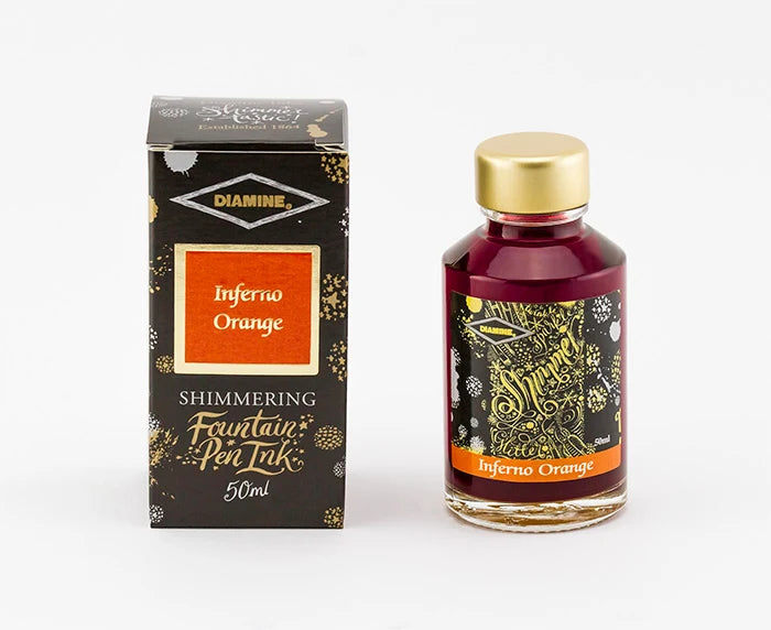 Shimmering fountain pen ink bottle and box, Inferno Orange orange shimmer ink