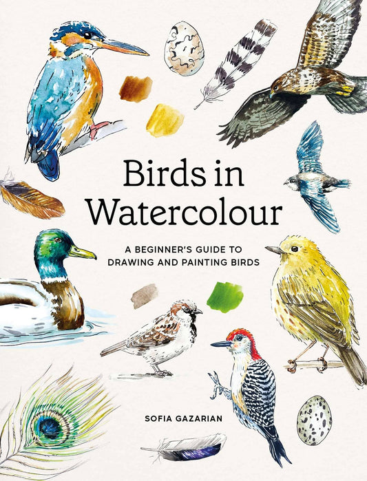 Bird watercolor drawing guide book cover with illustrated birds and large title