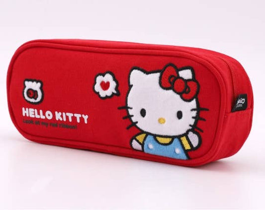 Red zip pencil case with Hello Kitty applique and small flower details