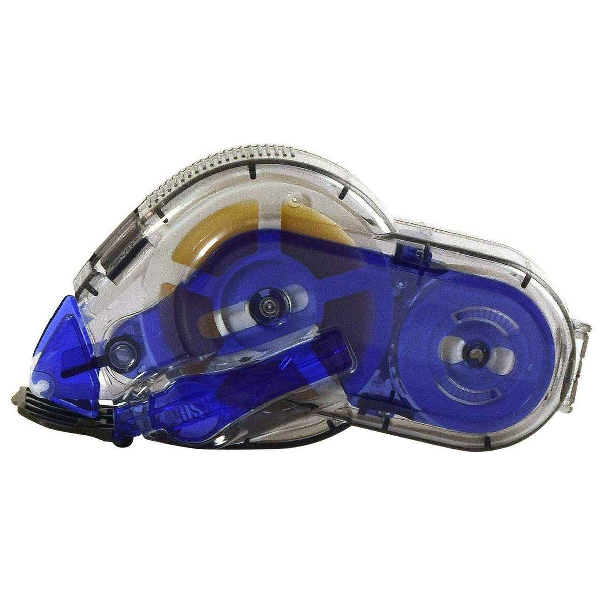 Blue glue tape dispenser with clear casing and dual tape reels, front angle