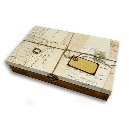 Wax seal kit wooden box lid with paper letters, twine, and small wax seal tag