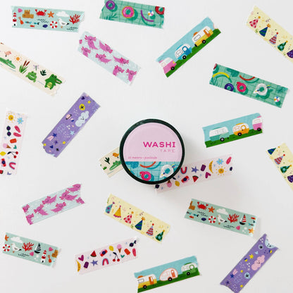 Assorted washi tape strips in colorful animals, cars, and camper patterns