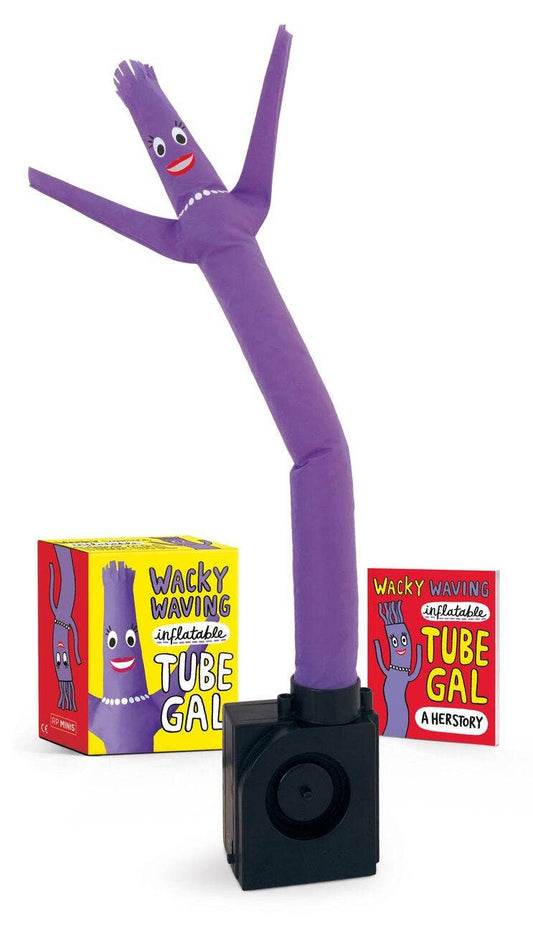 Purple inflatable waving tube with cartoon face and arms, on black fan base with boxes