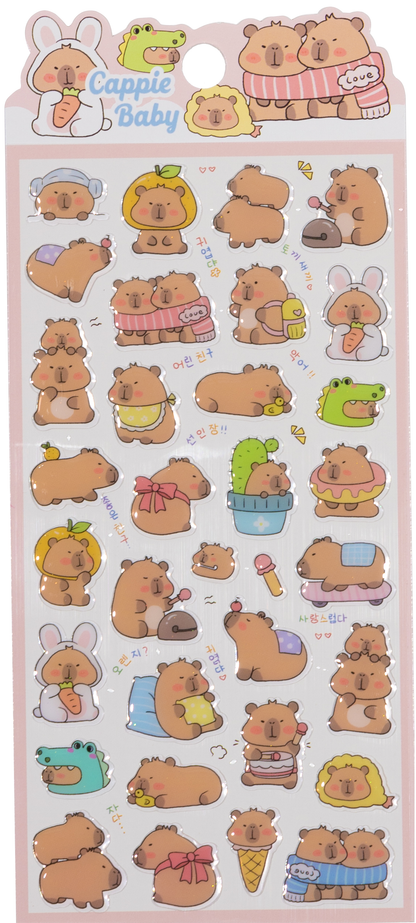 Capybara and baby animal sticker sheet with assorted cartoon character shapes