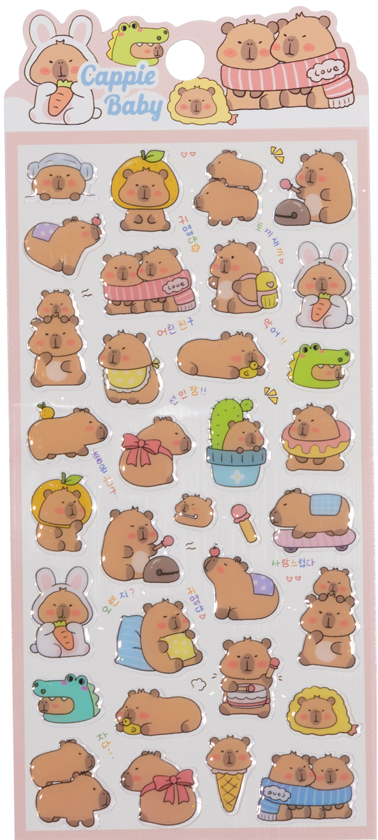 Capybara and baby animal sticker sheet with assorted cartoon character shapes