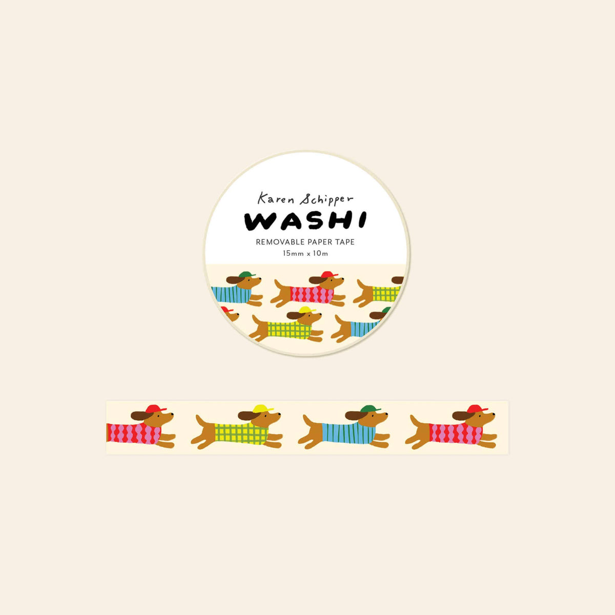 Dachshund washi tape roll and sample strip with colorful dog illustrations