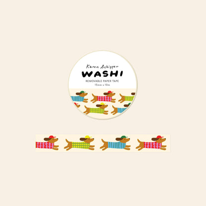Dachshund washi tape roll and sample strip with colorful dog illustrations