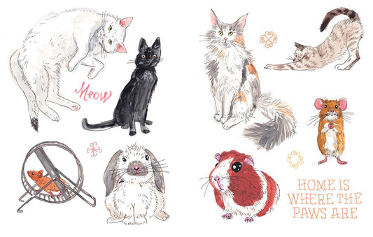 Sticker page with cats in different colors and handwritten captions