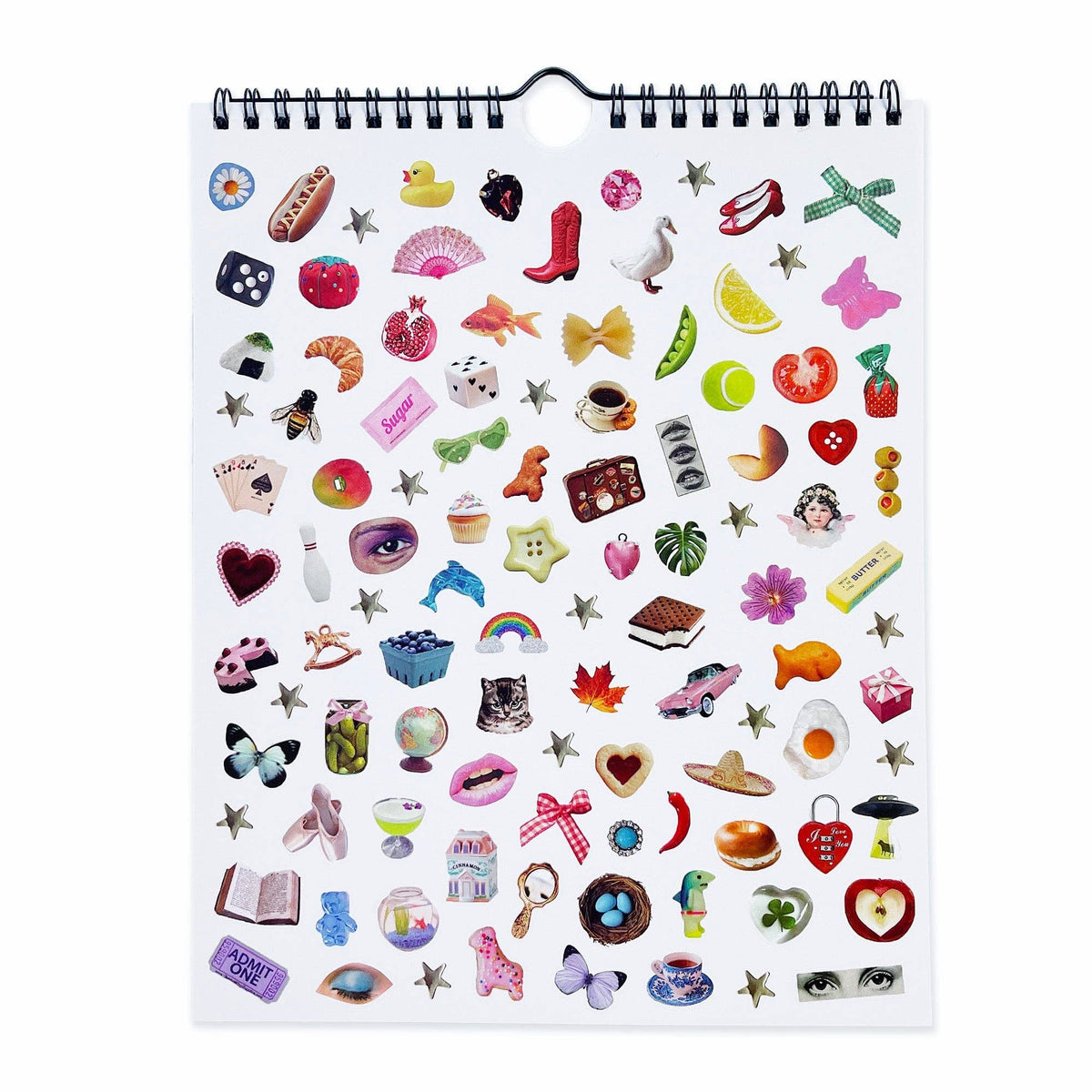 Sticker wall calendar back panel with spiral binding and a large assortment of small sticker icons.