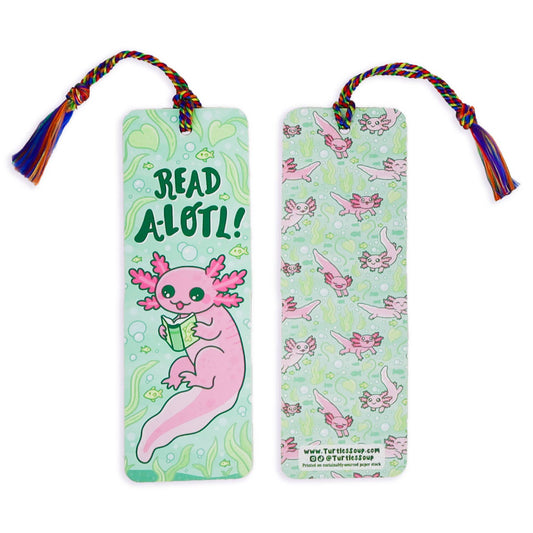 Axolotl reader bookmark with colorful tassel, pastel green “READ A-LOT!” and axolotl art