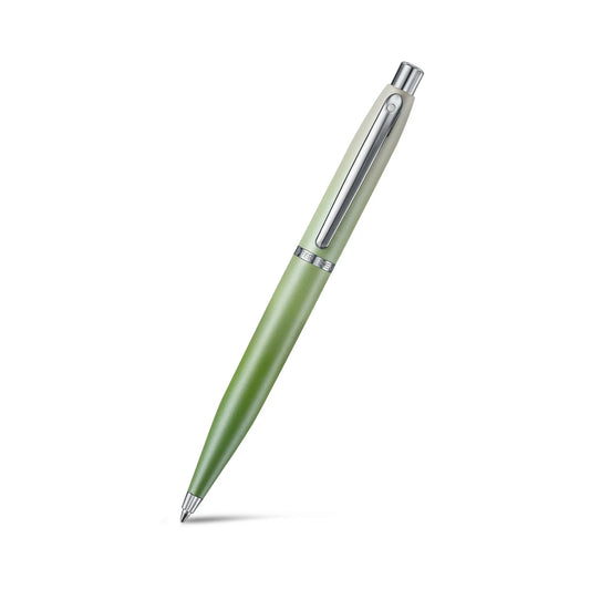 Sheaffer Matcha VFM ballpoint pen, angled view with green body and silver clip
