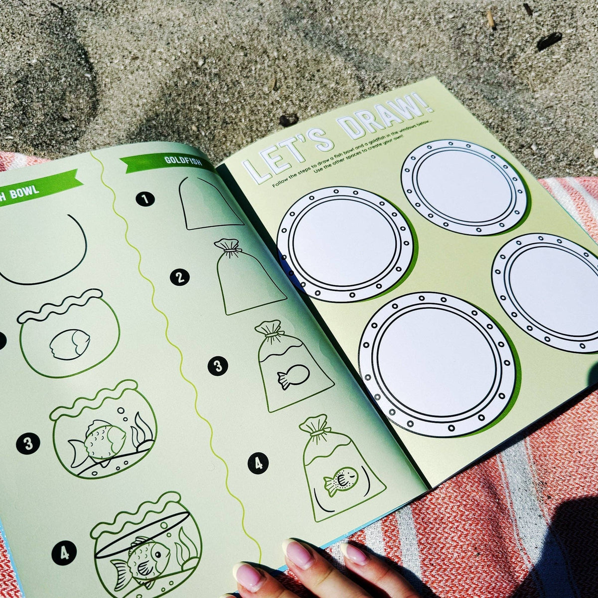 Draw-along sealife sticker book, green sea drawing pages with numbered outlines