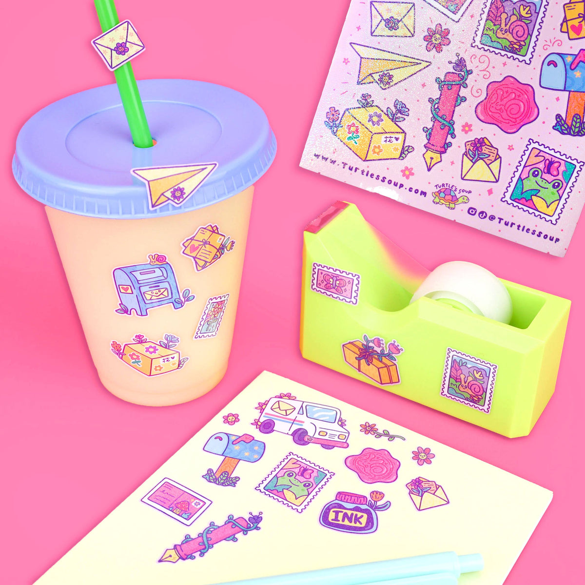 Glitter sticker sheet with envelopes, gift boxes, and ink bottle icons
