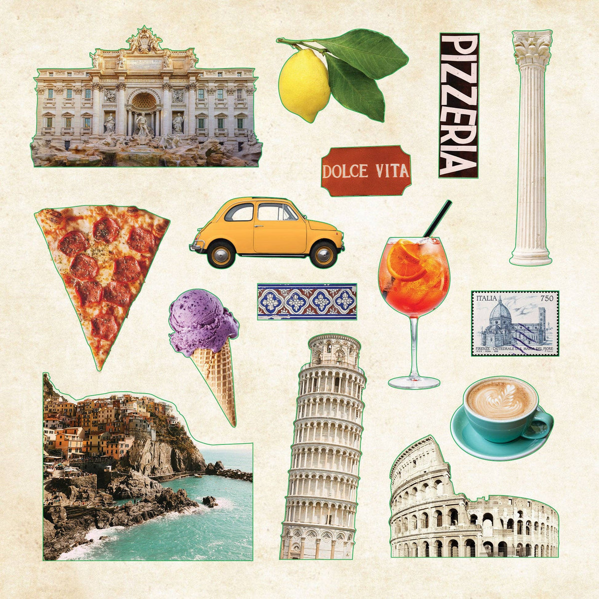 Sticker sheet with Italian landmarks, food, drinks, car and postage stamp