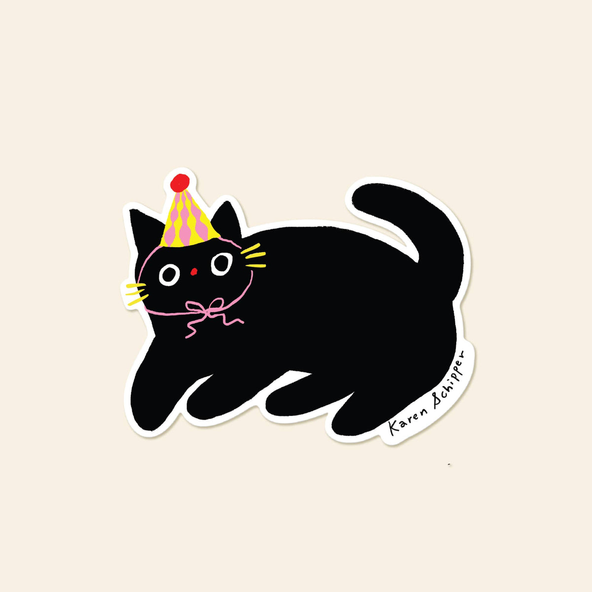Black cat birthday sticker wearing a colorful party hat, with pink bow and yellow whiskers