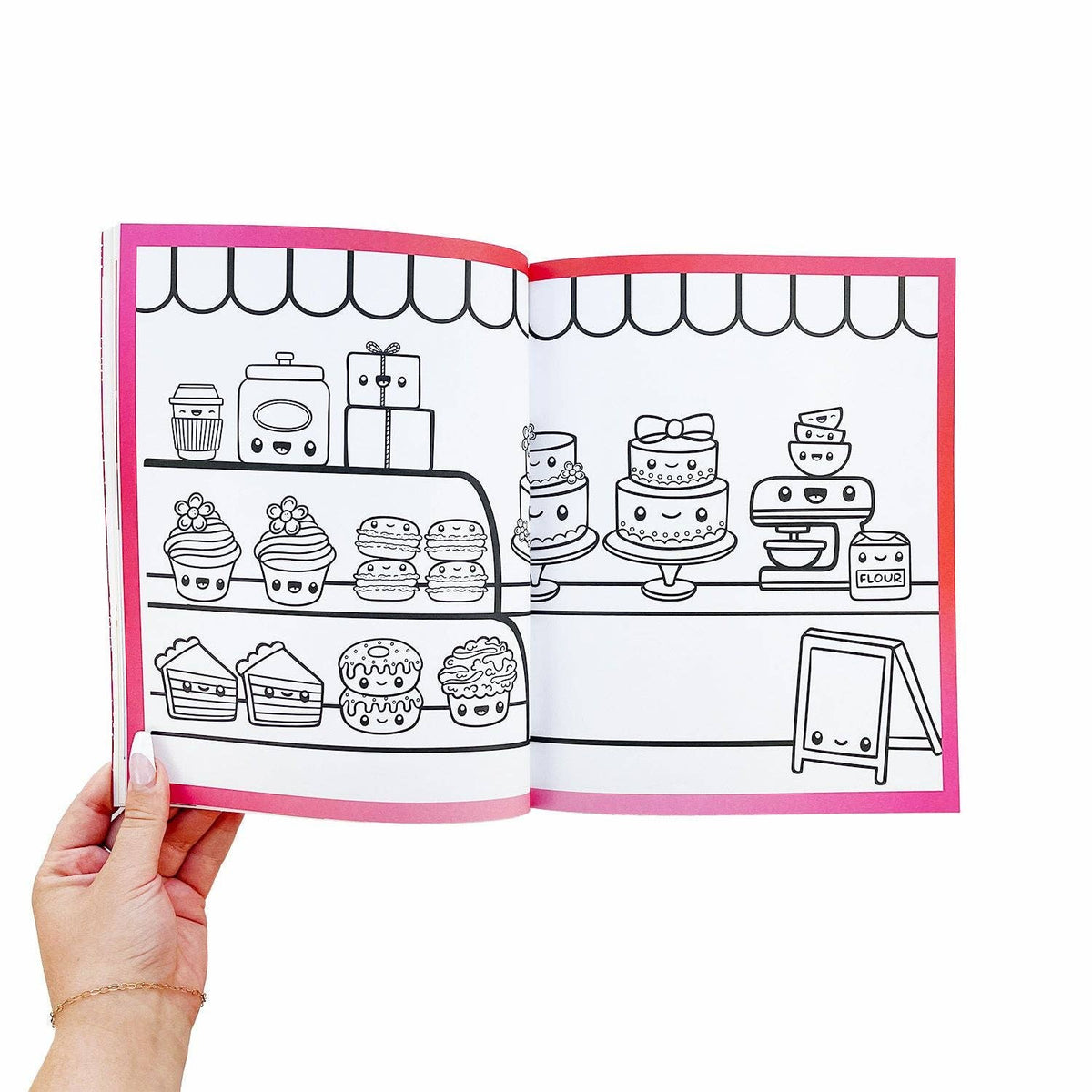 Food sticker book page with black-and-white food drawings and a food counter scene