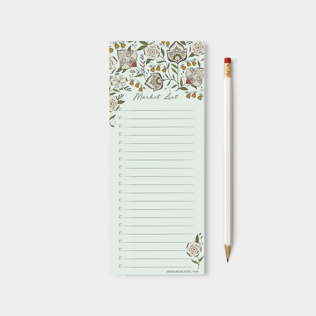 Floral grocery list notepad with a lined checklist and pencil