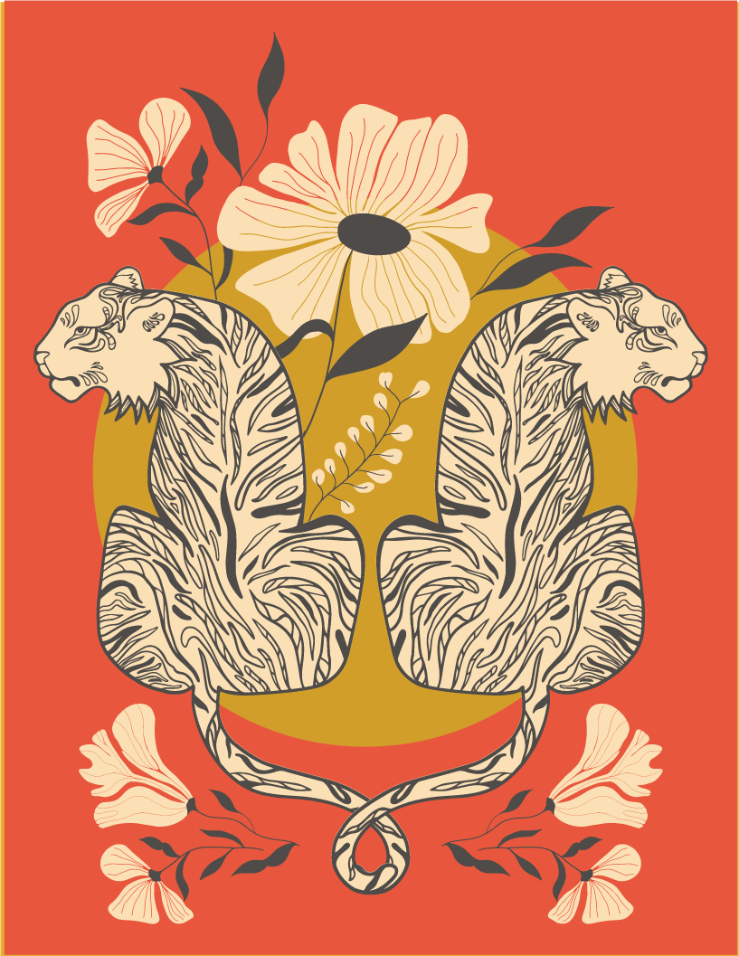 Greeting card artwork of two mirrored tigers framed by flowers