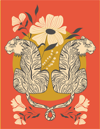 Greeting card artwork of two mirrored tigers framed by flowers