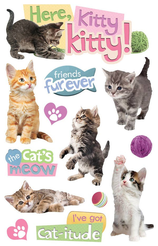 Dimensional cat sticker sheet with multiple kitten figures and paw icons