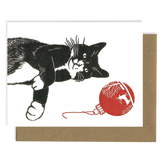 Letterpress cat ornament greeting card with black cat and red hanging ornament