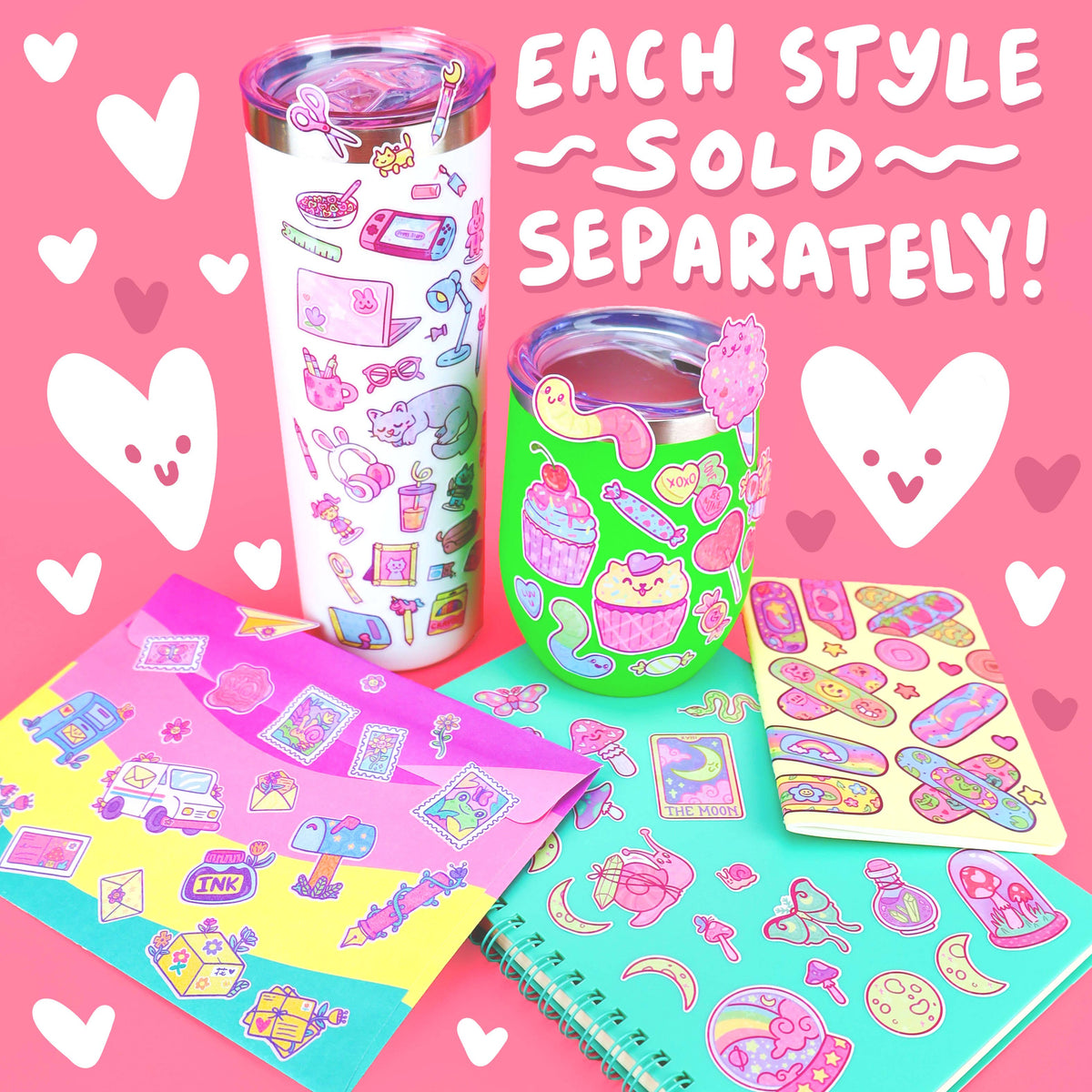 Assorted glitter sticker sheets with hearts and stationery icons; each style sold separately