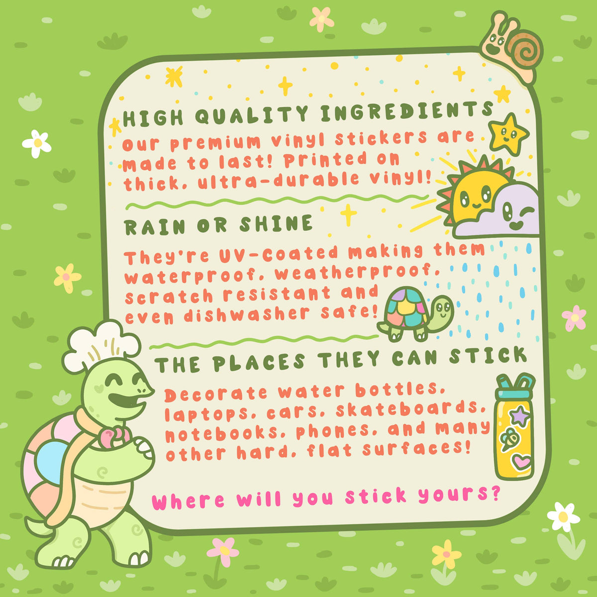 Vinyl sticker sheet with text: high quality waterproof, scratch-resistant vinyl