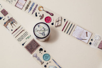 Transparent tape with stationery collage, including roll and label icons