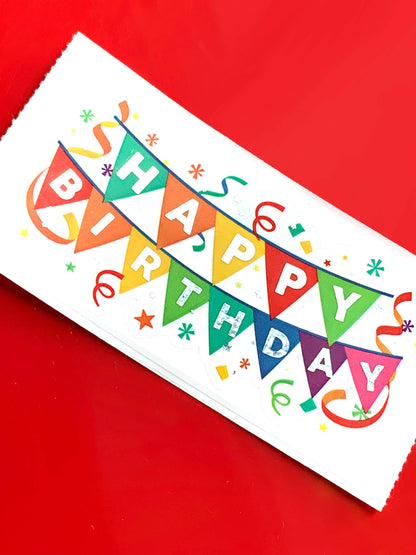 Happy Birthday banner sticker strip with multicolor flag letters on a sheet