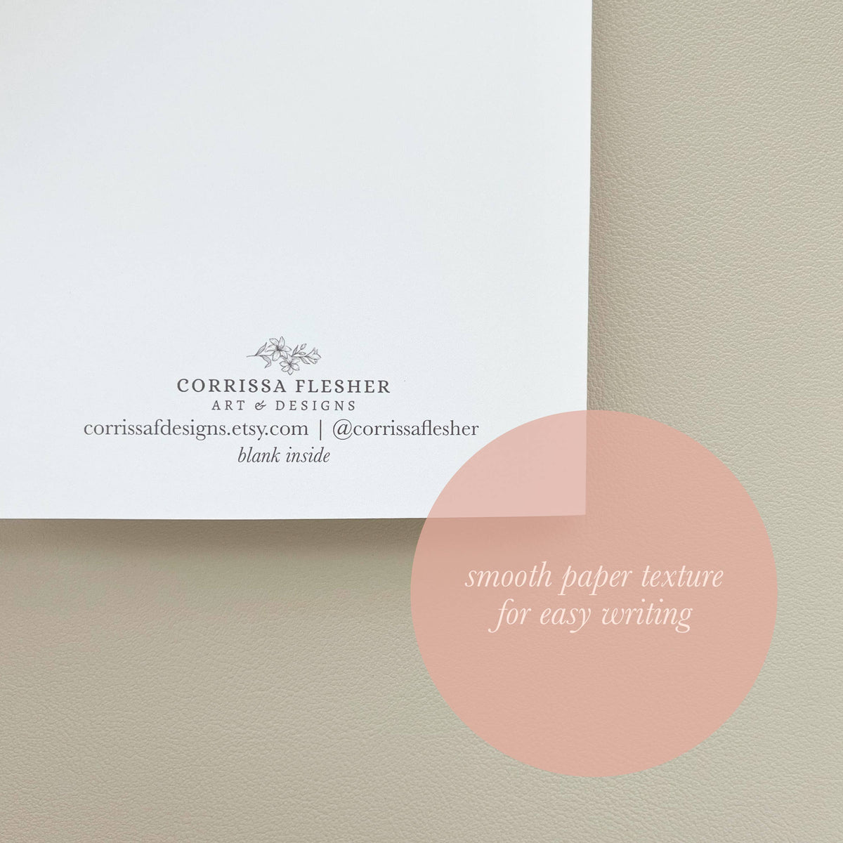 Christmas card back with Corrissa Flesher text and smooth paper texture for writing
